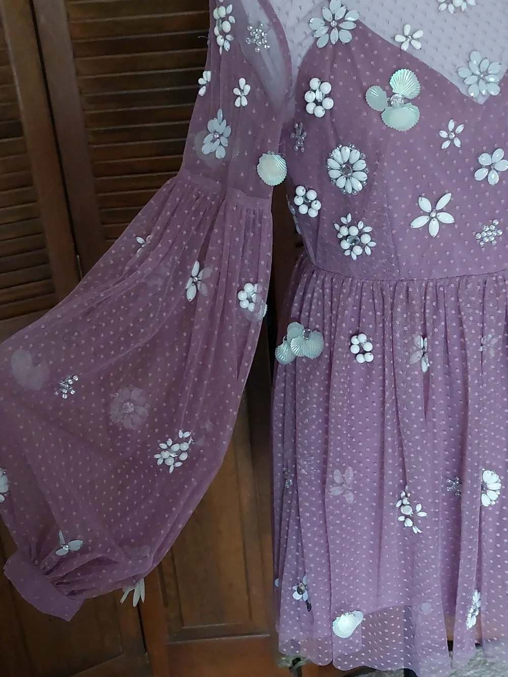 Asos Purple Floral Cluster Embellished Balloon Sleeve Mini Dress Sz 8 - Picture 8 of 15